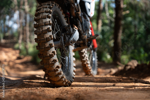 Off road motorcycle on dirt trail in forest, showcasing rugged tires and adventure