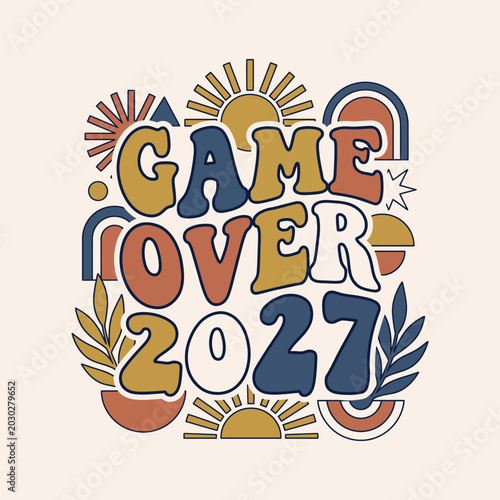Canvas Print Retro game over 2027 text with boho sun and rainbow elements illustration typo