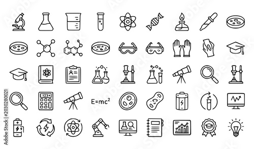 Science and Chemistry Laboratory Thin Line Icon Set Research Experiment Education Vector