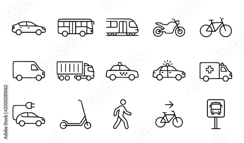 Konstfotografi Vehicle transport icons vector minimal transportation outline pack