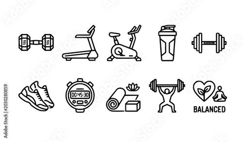 Modern fitness gym outline icon set training and healthy lifestyle vector isolated on white background
