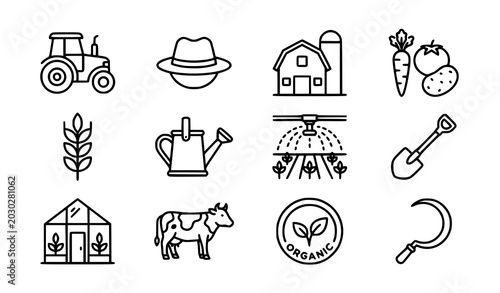 Foto Agriculture and farming outline icon set tractor vegetables and rural vector iso