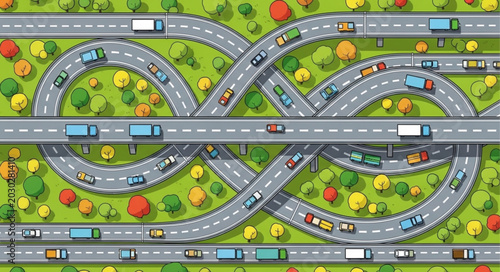 Busy highway interchange with many cars and trucks.