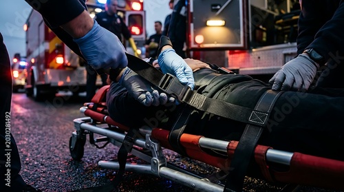 Emergency Medical Team Transporting Patient on Stretcher in Nighttime Urban Scene
