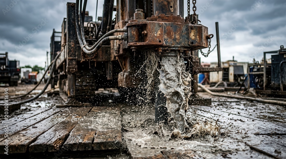 Fototapeta premium Drilling head releasing muddy water and slurry during borehole drilling operations.