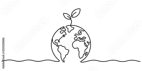 Photos A minimalist single line drawing depicts the Earth with a small green sprout emerging from its surface, symbolizing growth and environmental care