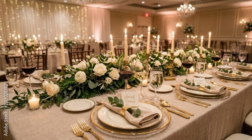 A beautifully set wedding reception table is illuminated by warm lighting and numerous candles.