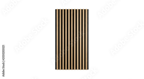 Vertical oak wood slat acoustic panel featuring light natural timber finish on black sound-absorbing felt backing, isolated on white background for modern interior wall design.