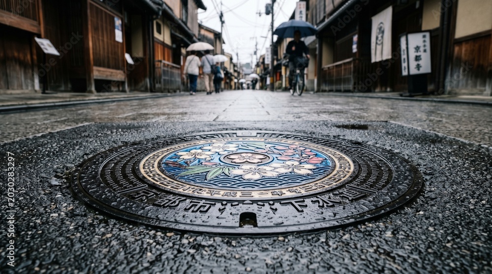 Fototapeta premium Artistic Colored Designing Manhole Cover on a Japanese Street