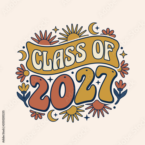 Bilde på lerret Class of 2027 retro groovy style illustration with banner text suns moons stars