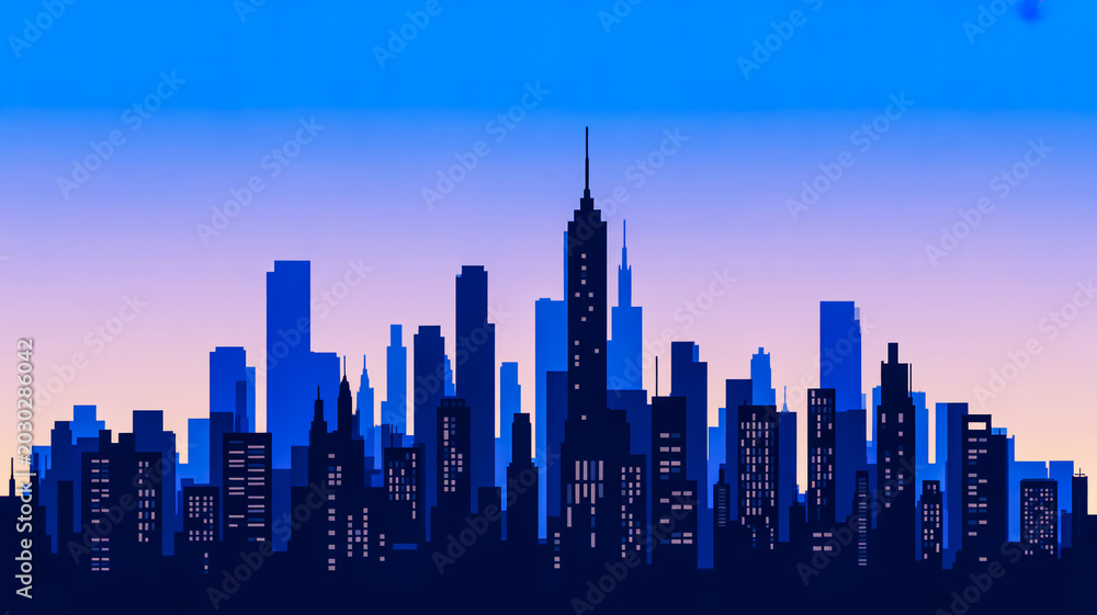 Obraz premium A stylized travel illustration featuring a serene cityscape at dusk with buildings