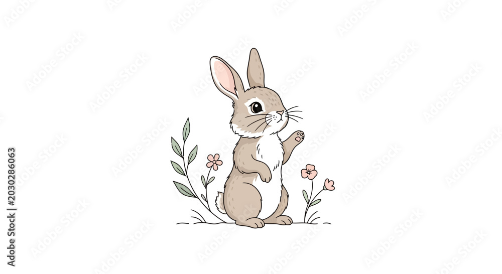 Obraz premium Cute Bunny Waving Hello Among Flowers and Greenery