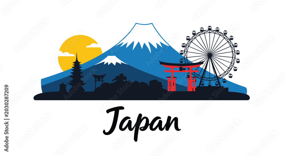 Naklejka premium Japan travel illustration featuring iconic landmarks including Mount Fuji, torii gate, pagoda, and a ferris wheel at sunset.