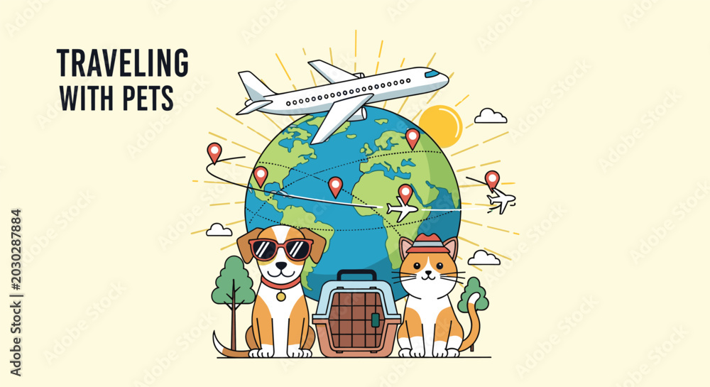 Fototapeta premium Global pet travel concept featuring a cat and dog in front of planet earth with an airplane and route markers on a map.