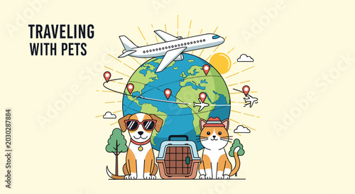 Global pet travel concept featuring a cat and dog in front of planet earth with an airplane and route markers on a map.