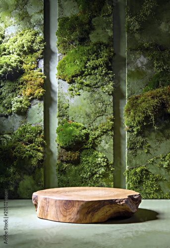 wooden round podium  & stone wall backdrop with vines and green leaves