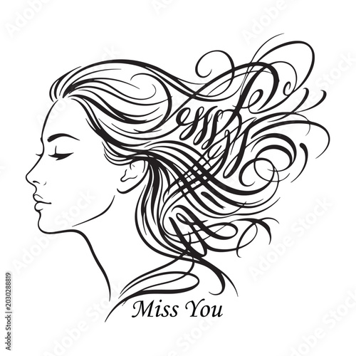 Woman face profile with abstract calligraphic hair line art vector design