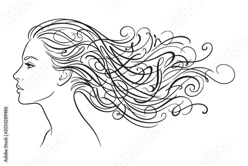 Beautiful woman face profile with flowing wavy hair vector line art, abstract calligraphic hair swirls design concept