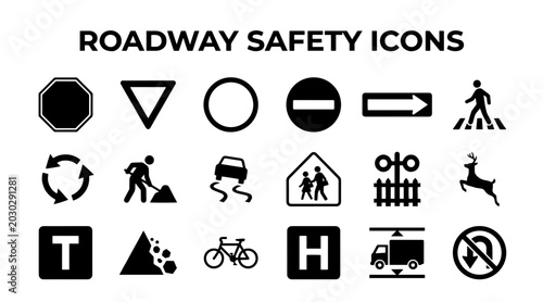 Quadro em tela A diverse set of vector icons representing various road safety signs, traffic regulations, and hazard warnings
