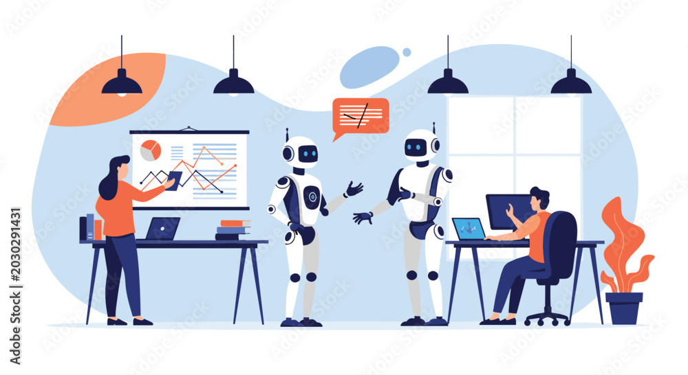 Fototapeta premium Advanced humanoid robots communicating in a modern office environment while human employees work on their tasks nearby.
