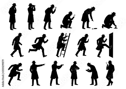 detective silhouettes isolated on white background