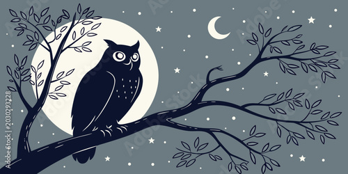 Foto Graphical illustration of owl perched on branch under crescent moon and starry n