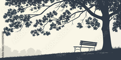 Park bench under large spreading tree silhouette on gentle grassy slope with silhouette landscape relaxation woodland environment peaceful illustration furniture solitude tranquility