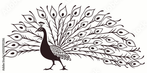 Peacock with fully fanned tail feathers artistic silhouette graphic design silhouette wildlife ornamental decorative illustration ethereal majestic creature minimalist isolated tradition