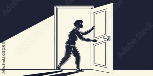 Fotografie Conceptual illustration of a man opening a door with a beam of bright light shin