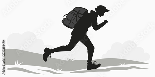 Fotografie Silhouette of a male hiker carrying a large backpack and running across a grassy