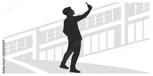 Silhouette of a man taking a selfie with a mobile phone in front of a modern building facade with architectural details silhouette smartphone building architecture photography technology