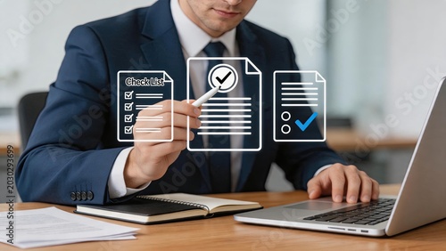 Professional businessman reviewing documents and checklists at office desk, administrative tasks concept