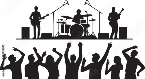 Photos Silhouettes of a rock band performing on stage with musicians playing instruments and a crowd of dancing fans