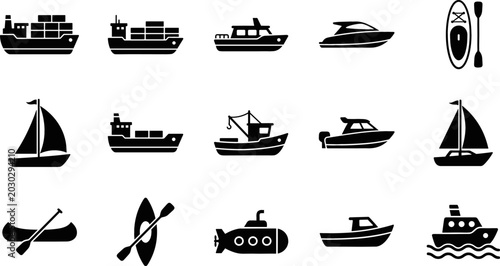 Obraz na plátne Water Transport and Boat Icon Set Featuring Cargo Ships, Sailboats, Yachts, Kaya