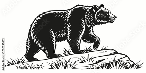 Konstfotografi Walking grizzly bear stylized graphic illustration on rock with wildlife illustr