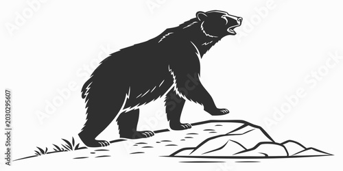 Schilderij op canvas Stylized black and white illustration of a roaring bear standing on a rocky outc
