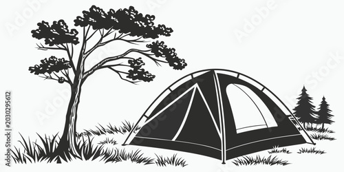 Bild auf Leinwand Black and white camping tent situated in a forest clearing under a tree with out