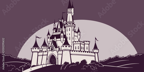 Bild auf Leinwand Fairy tale fantasy castle illustration against a large moon with architecture me