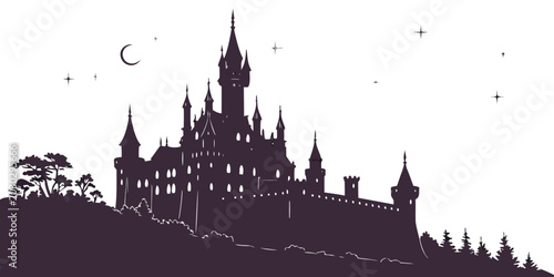 Foto Night silhouette of a castle on a hilltop with a crescent moon and stars silhoue