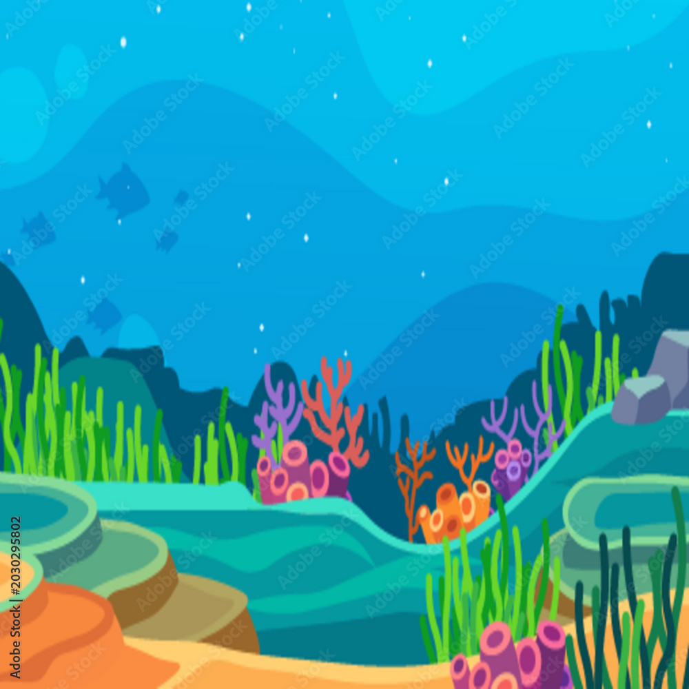 Obraz premium Vibrant underwater coral reef with fish and sea life in flat vector style