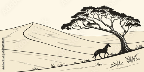 Bild auf Leinwand Graphic illustration of a horse standing under a spreading tree in a desert land