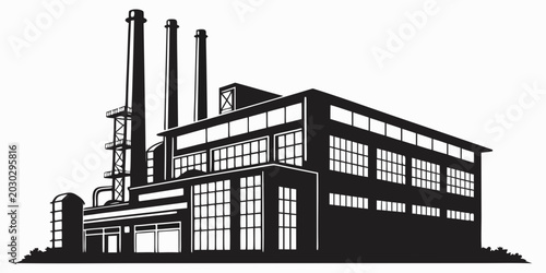 Konstfotografi Industrial factory building with three tall chimneys black and white vector illu