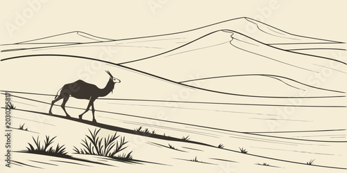 Obraz na płótnie Minimalist hand-drawn illustration of a lone gazelle walking across a desolate d