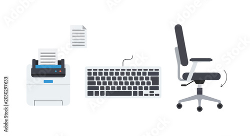 Photos This flat vector illustration features essential office supplies including a white printer, a dark grey keyboard, and an ergonomic swivel chair