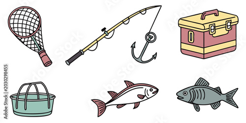 Εκτύπωση καμβά Illustration set of recreational fishing equipment including net rod and tackle