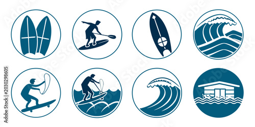 Foto Collection of blue circular surfing and aquatic sports silhouette icons with sur
