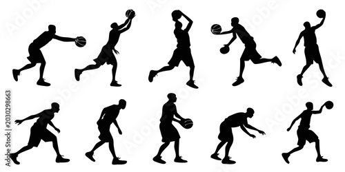 Photos Collection of black basketball player silhouettes in action with basketball silh