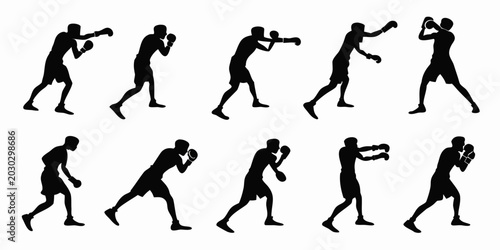 Foto Set of boxing athlete silhouettes showing various offensive and defensive poses