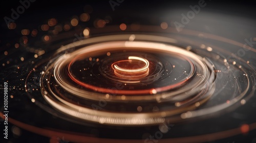 Concentric glowing rings of light trace dynamic pathways across a dark, abstract surface