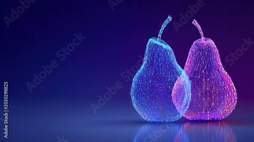 Digital wireframe fruit shapes illuminate a dark background with neon glow
